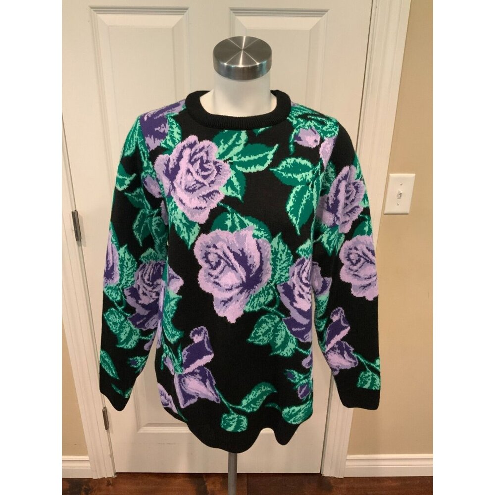 Richard Quinn Black & Purple Floral Jacquard Sweater $1,044 Size 8 (US) NWT!